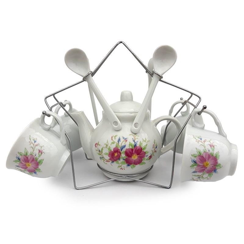 Set din ceramica format din ceainic cu 4 cesti si lingurite, cu suport din fier, 25 x 17 cm