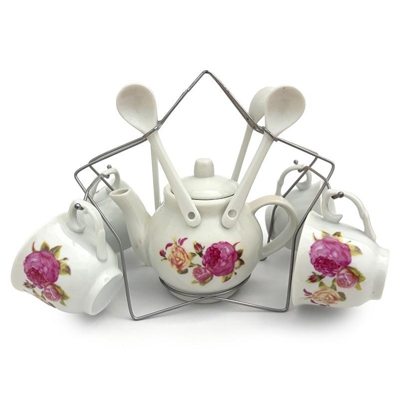 Set ceramica format din ceainic cu 4 cesti si lingurite, cu suport din fier, 25 x 17 cm