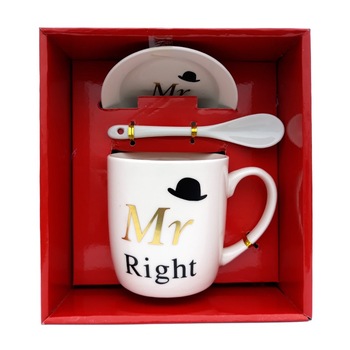 Cana din ceramica cu lingurita si capac cu text  Cana din ceramica cu lingurita si capac cu text