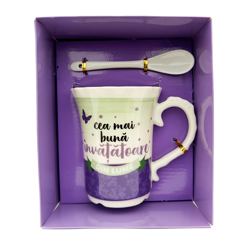 Cana din ceramica si lingurita cu dedicatie pentru invatatoare, 15 x 19 cm