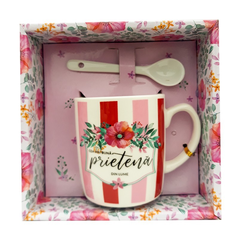 Cana din ceramica si lingurita cu dedicatie pentru prietena, 14 x 14 cm