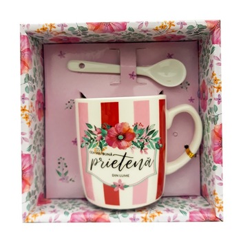 Cana din ceramica si lingurita cu dedicatie pentru prietena, 14 x 14 cm Cana din ceramica si lingurita cu dedicatie pentru prietena, 14 x 14 cm