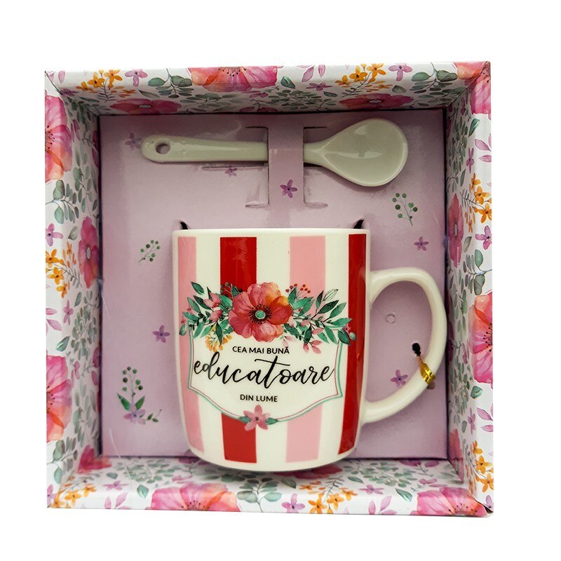 Cana din ceramica si lingurita cu dedicatie pentru educatoare, 14 x 14 cm