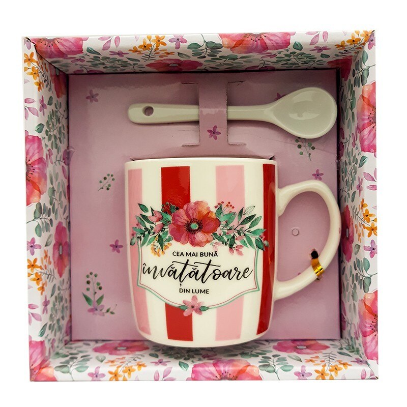 Cana din ceramica si lingurita cu dedicatie pentru invatatoare, 14 x 14 cm