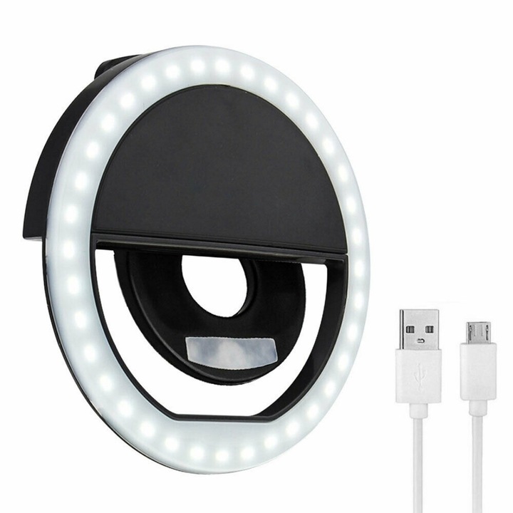Selfie Ring Light LED MaffStuff®, pentru telefoane, tablete si laptopuri, cu incarcare USB, negru