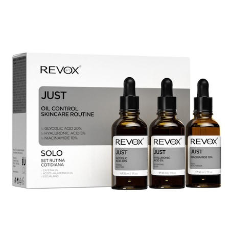 Set ingrijire ten Revox Just Oil Control Skincare Routine, contine: Serum Acid glicolic 20 %, 30 ml + Serum Acid hialuronic 5 %, 30 ml + Serum Niacinamide 10 %, 30 ml