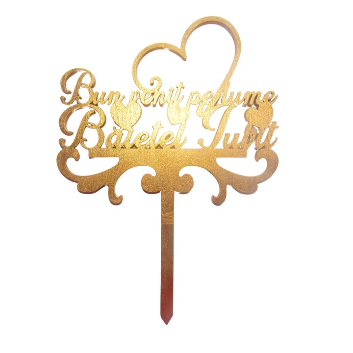 Topper tort Bun venit pe lumea Baietel iubit, auriu