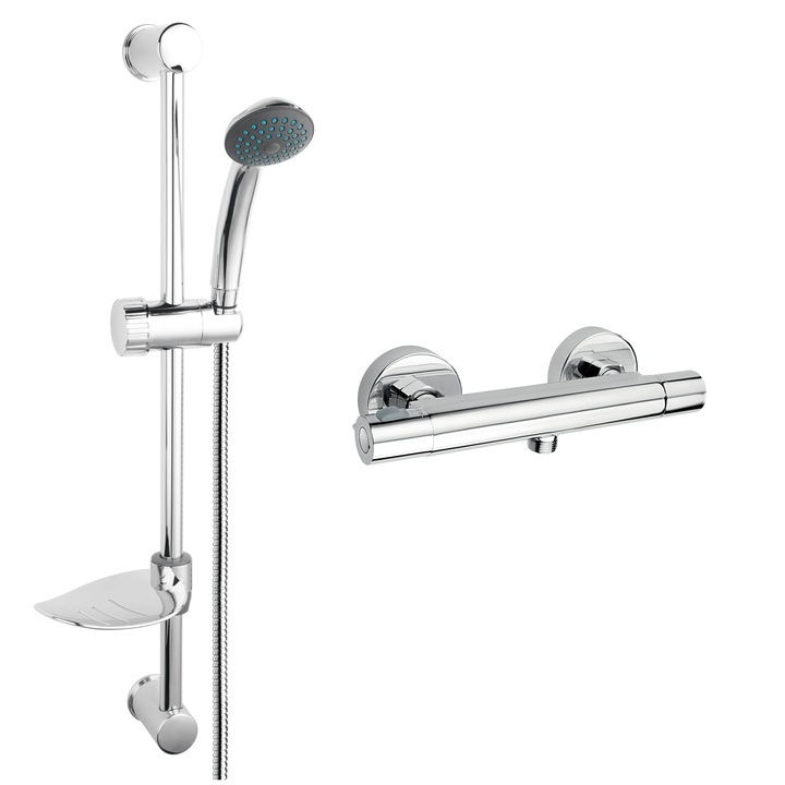 Ferro termosztatikus zuhany Csaptelep Trinity 2in1, króm, biztonságos leállás, 1/2, egyirányú függvény bár szett egyszerű csúszó tartó, króm