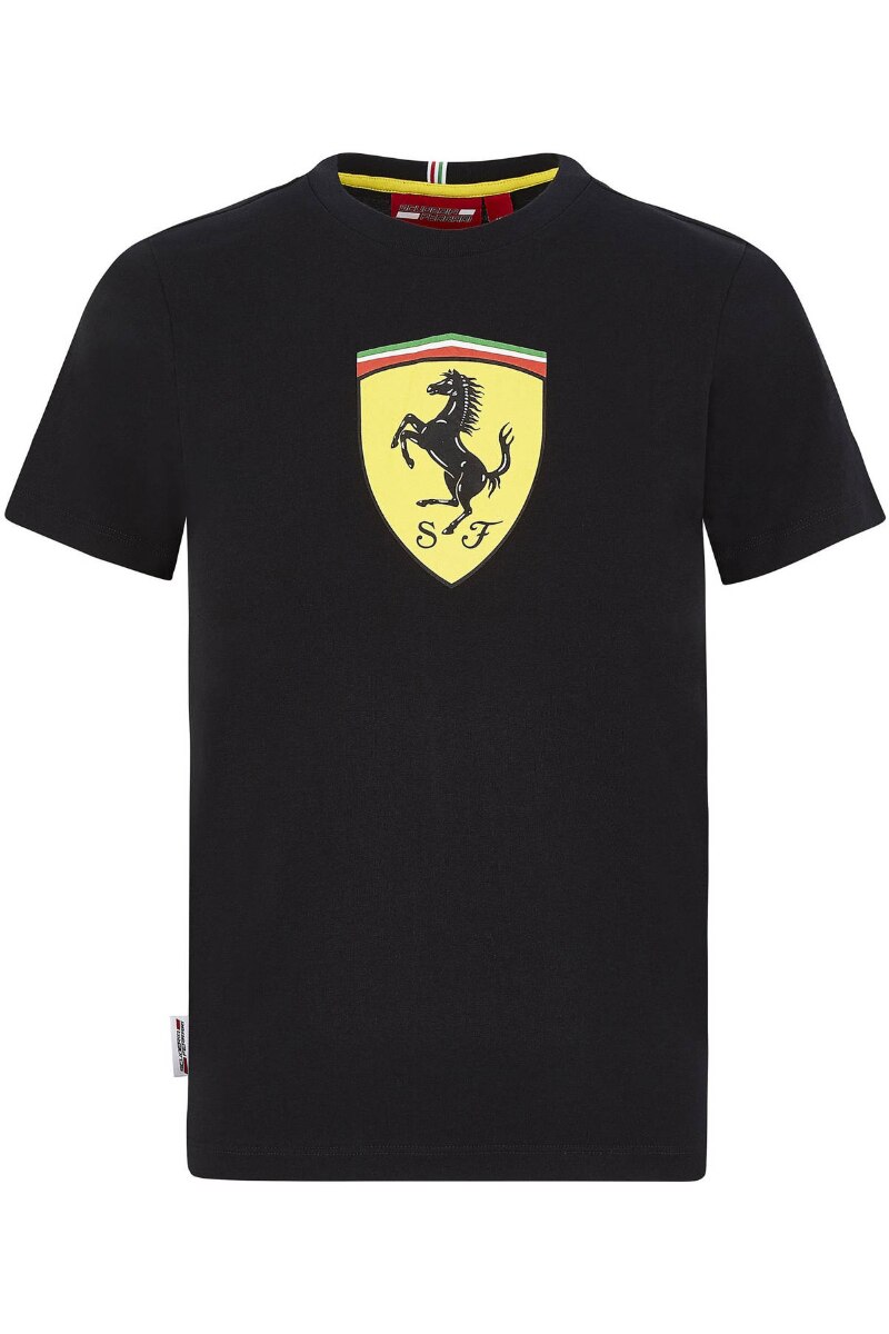 Tricou negru Scuderia Ferrari Shield pentru copii, 9-10 ani, 100% bumbac