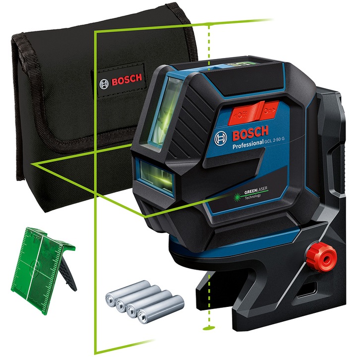 Nivela laser multifunctionala Bosch Professional 0601066M00, 50 m domeniu maxim lucru, ± 0.3 mm/m precizie lucru, ± 4° domeniu autonivelare, IP 64, husa, suport rotativ RM 10, placuta vizare laser, 4 baterii AA