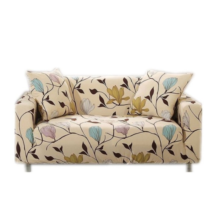 Husa elastica universala pentru canapea si pat, cu 2 fete de perna, crem cu flori, 90X 140 cm, buz®