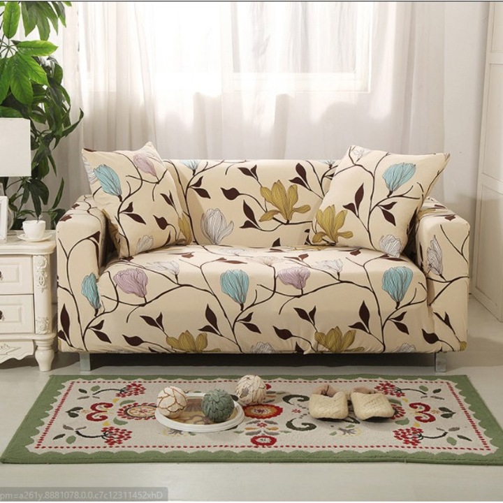 Husa elastica universala pentru canapea si pat, cu 2 fete de perna, crem cu flori, 90X 140 cm, buz®