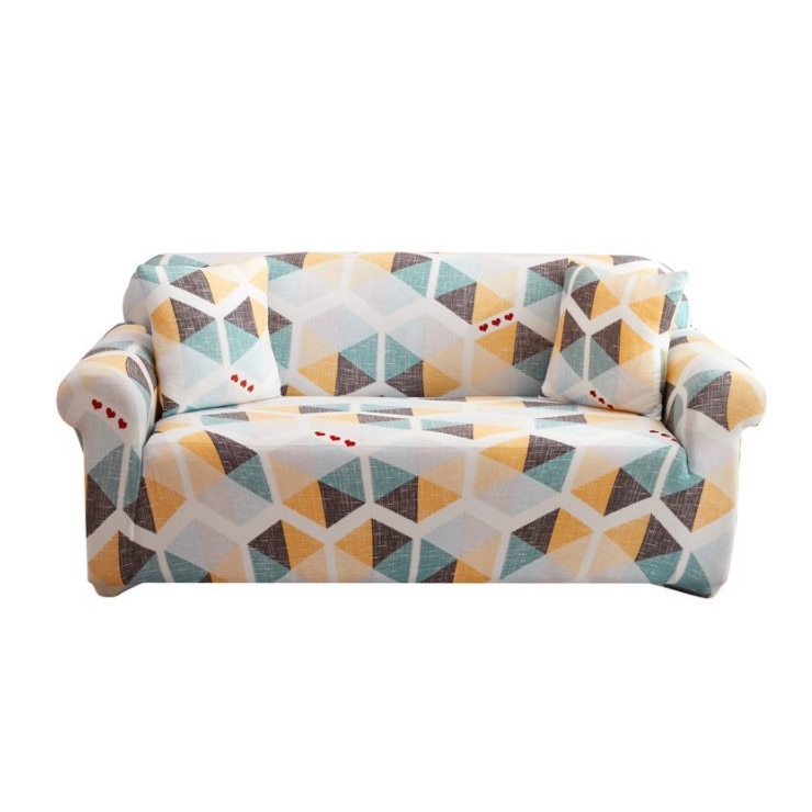 Husa elastica universala pentru canapea si pat, cu 2 fete de perna, crem cu figuri geometrice,190X230 cm, buz®