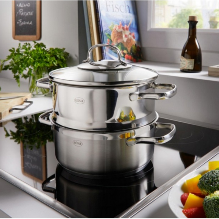 Oala pentru gatit la abur, Rösle, Elegance, 20 cm, capacitate 3.4 l, otel inoxidabil, capac sticla, sita, toate sursele de caldura, gradatie, usor de curatat, inductie, inox
