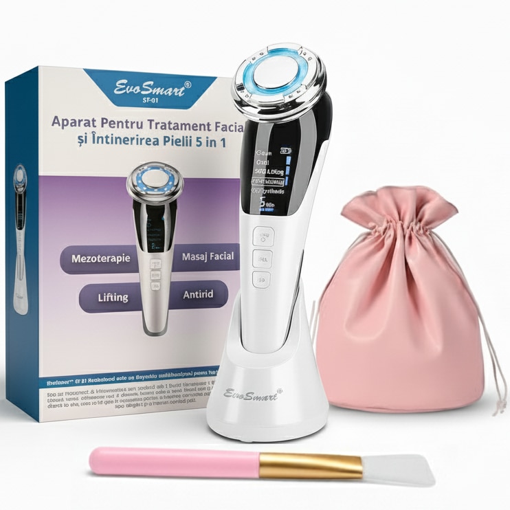 Aparat Pentru Tratament Facial Si Intinerirea Pielii 5 in 1 EvoSmart™ ST-01 Profesional, Mezoterapie, Lifting, Anti Rid, Masaj facial, Spatula din Silcion inclusa, Alb