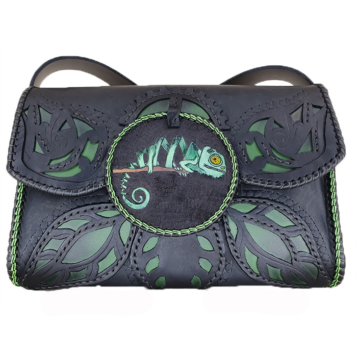 Poseta cu decupaje si pictata, din piele, negru, AG Design, dimensiune 29.5/12.5/20.5 cm