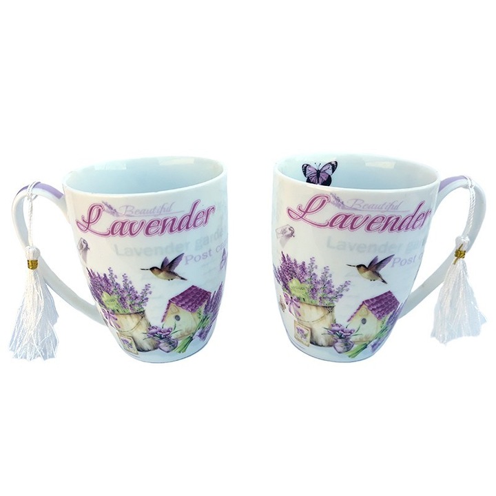 Set din ceramica format din 2 cani cu lavanda, ambalate in cutie cu funda, 100 ml