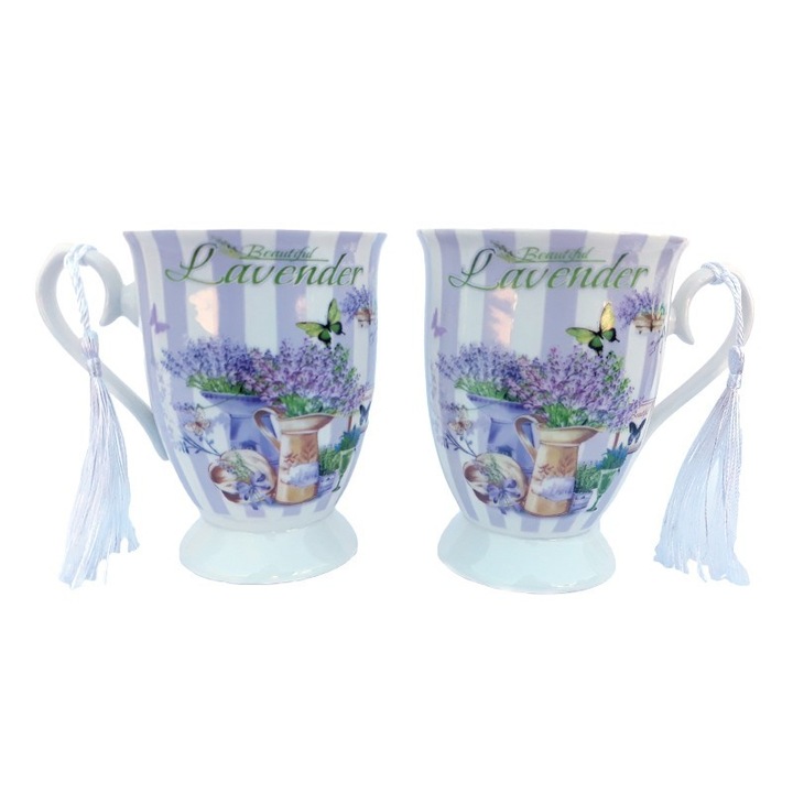 Set din ceramica format din 2 cani cu snur si desene cu lavanda, ambalate intr-o cutie cu funda, 200 ml