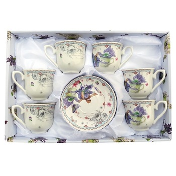 Set din ceramica compus din 6 cesti cu farfurii cu lavanda, 100 ml Set din ceramica compus din 6 cesti cu farfurii cu lavanda, 100 ml