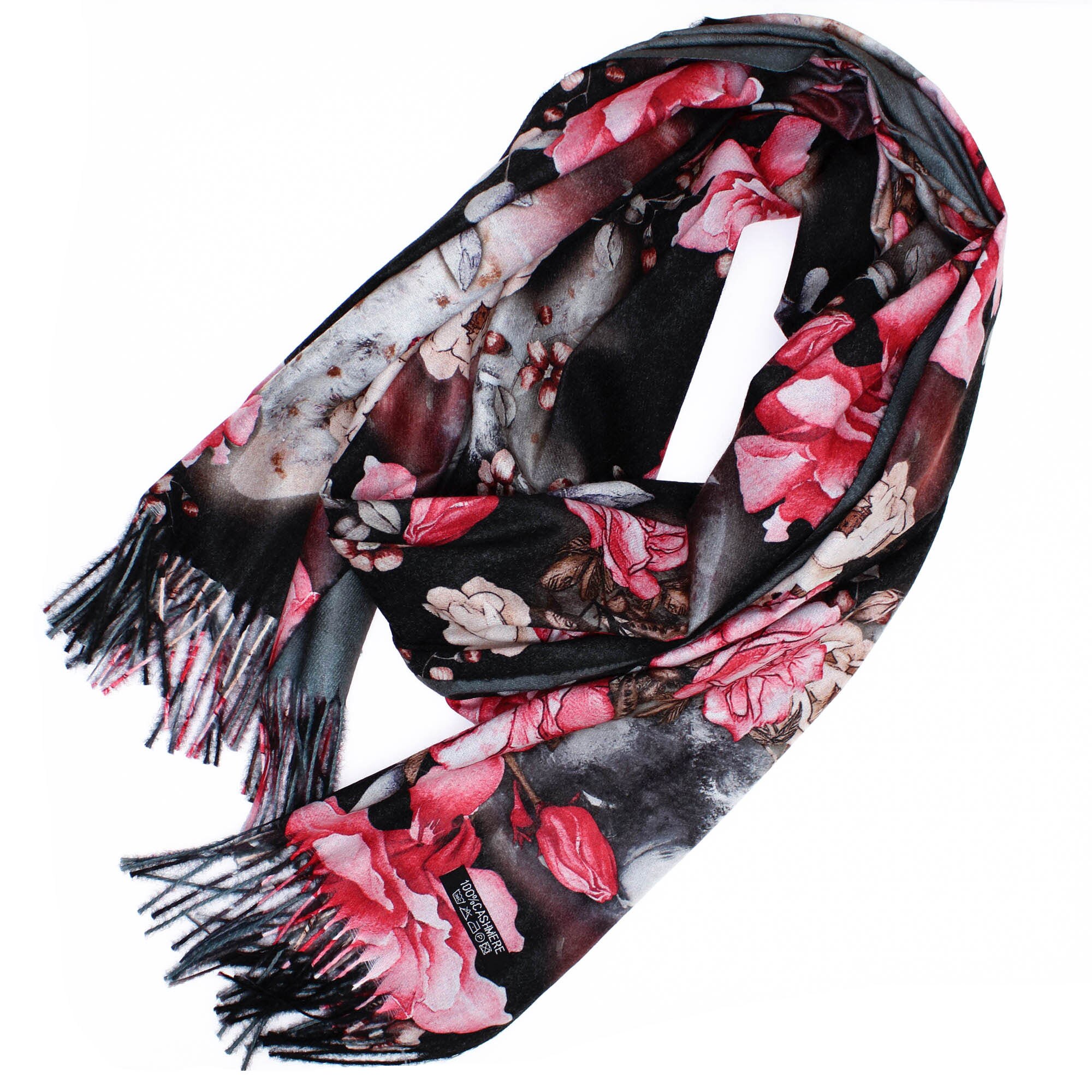 Esarfa de dama, 100% casmir, Negru cu trandafiri, 190 x 70 cm - ES728