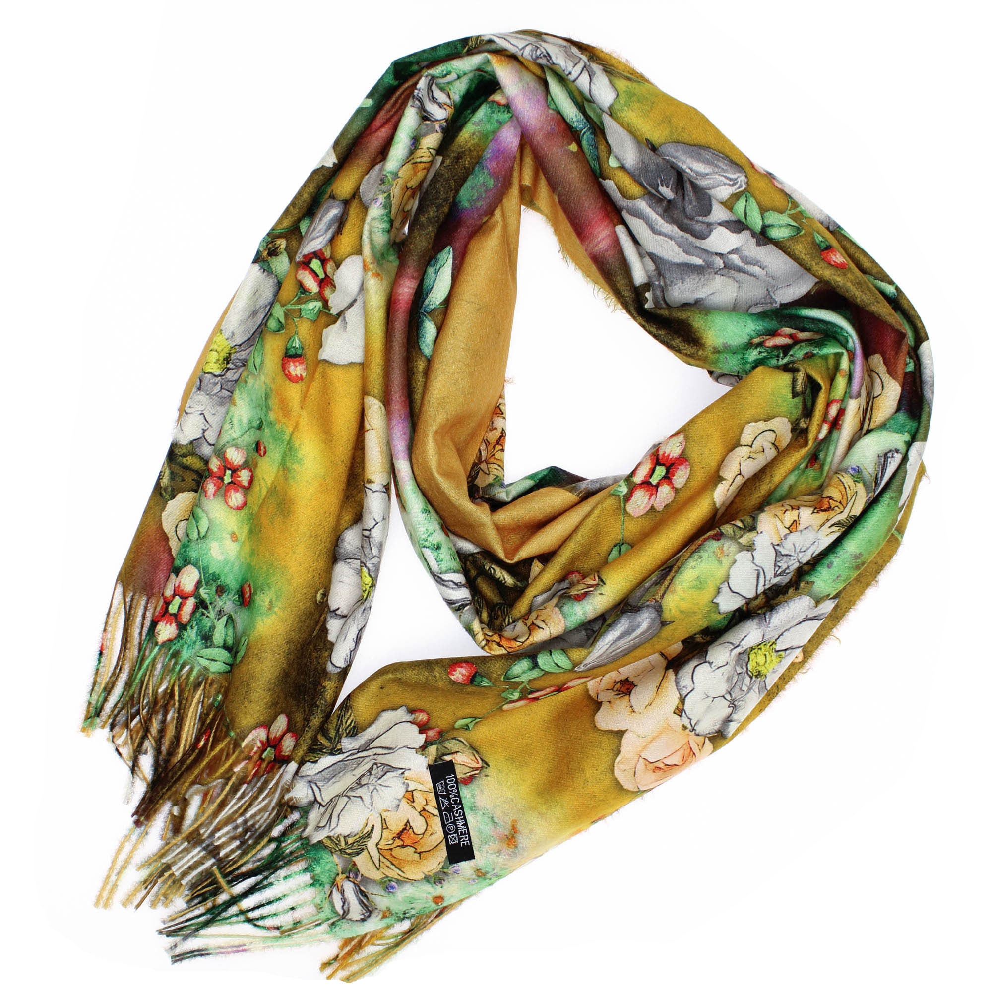 Esarfa de dama, 100% casmir, Galben cu trandafiri, 190 x 70 cm - ES729