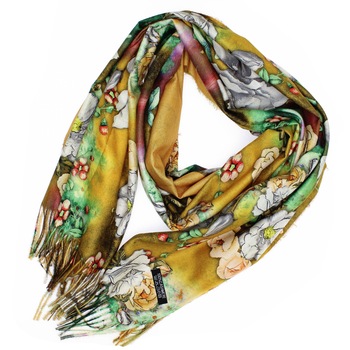 Esarfa de dama, 100% casmir, Galben cu trandafiri, 190 x 70 cm - ES729 Esarfa de dama, 100% casmir, Galben cu trandafiri, 190 x 70 cm - ES729