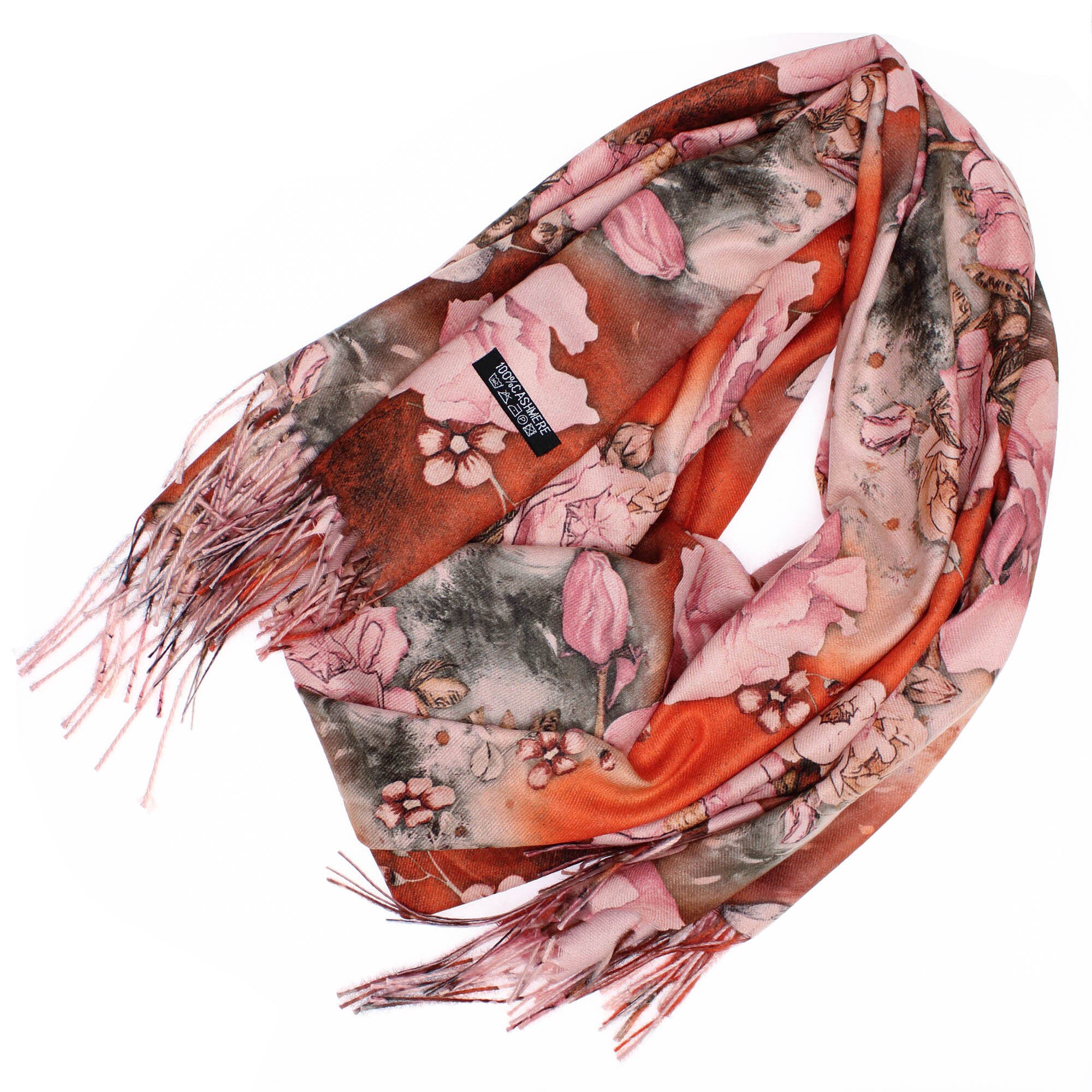 Esarfa de dama, 100% casmir, Portocaliu cu trandafiri, 190 x 70 cm - ES733