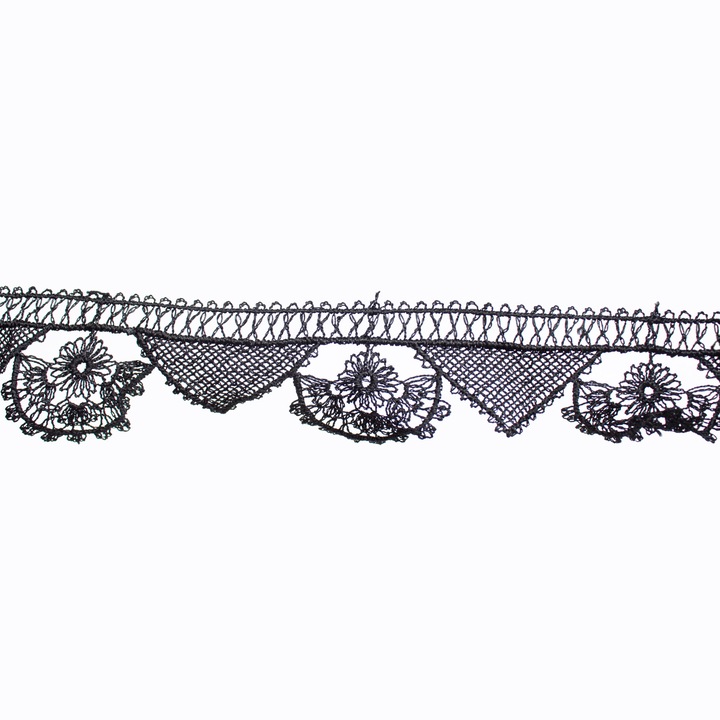 Rola dantela guipure 2196, neelastica, poliester, latime 2.5 cm, lungime 9 m, culoare negru