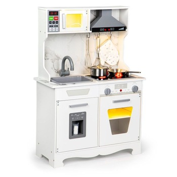 Bucatarie din lemn pentru copii, accesorii, lumini, rafturi si dulapuri cu usi, plita cu indutie si chiuveta, 93 x 65 x 29.5 cm Bucatarie din lemn pentru copii, accesorii, lumini, rafturi si dulapuri cu usi, plita cu indutie si chiuveta, 93 x 65 x 29.5 cm