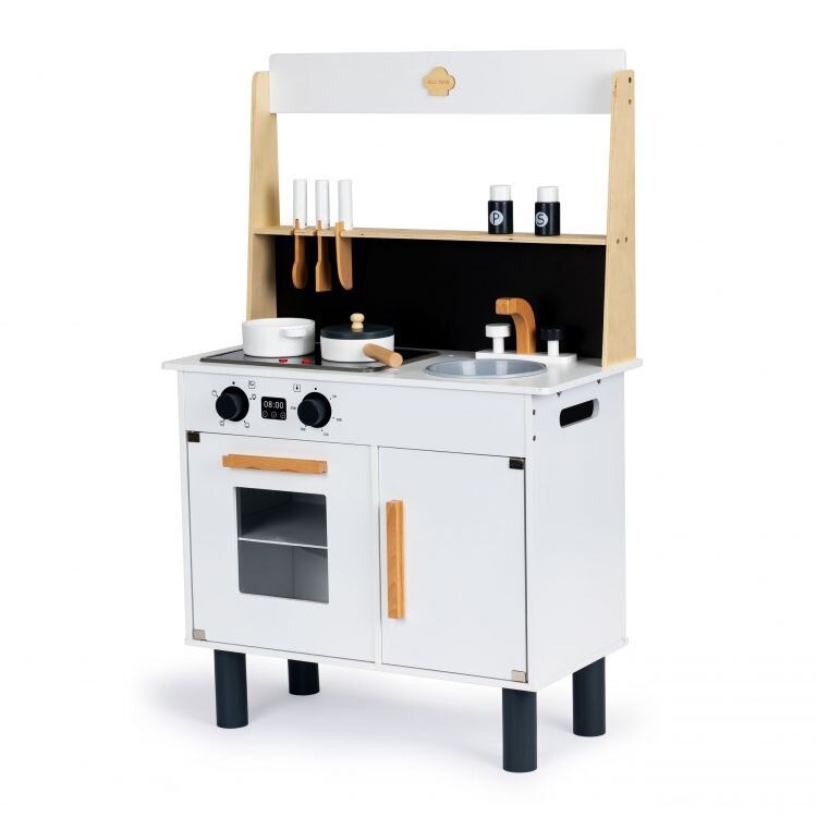 Bucatarie din lemn pentru copii, accesorii, rafturi si dulapuri cu usi, plita cu indutie si chiuveta, 93 x 29 x 59 cm