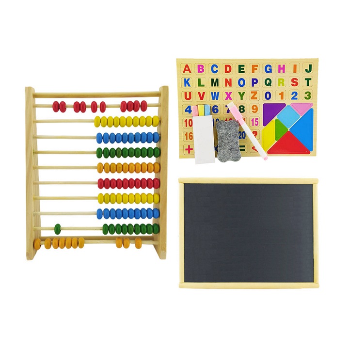 Set jocuri educative din lemn pentru copiii in varsta de 3 ani, cu numaratoare, litere, numere si semne aritmetice