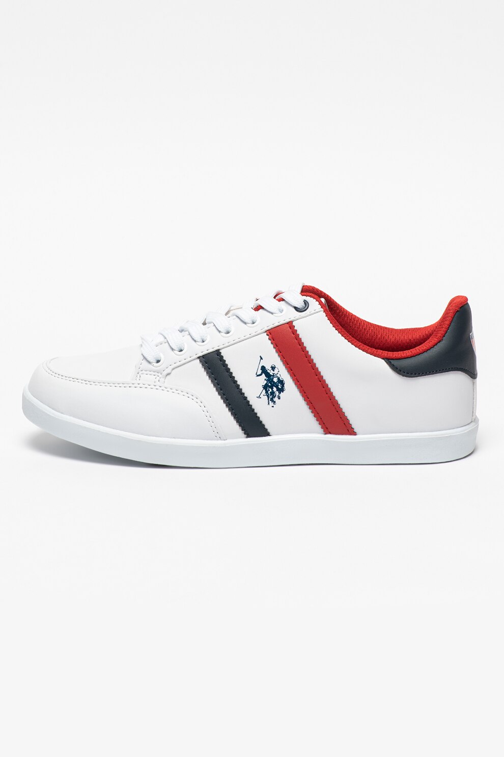 U.S. Polo Assn., Pantofi sport de piele ecologica cu detaliu logo Santo, Alb/Bleumarin inchis/Rosu