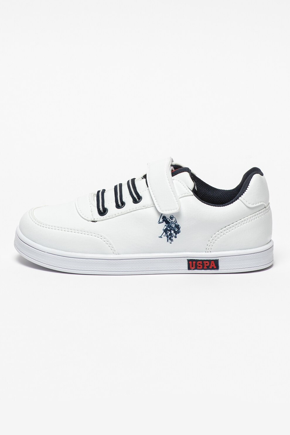 U.S. Polo Assn., Pantofi sport de piele ecologica Cameron, Alb/Bleumarin inchis