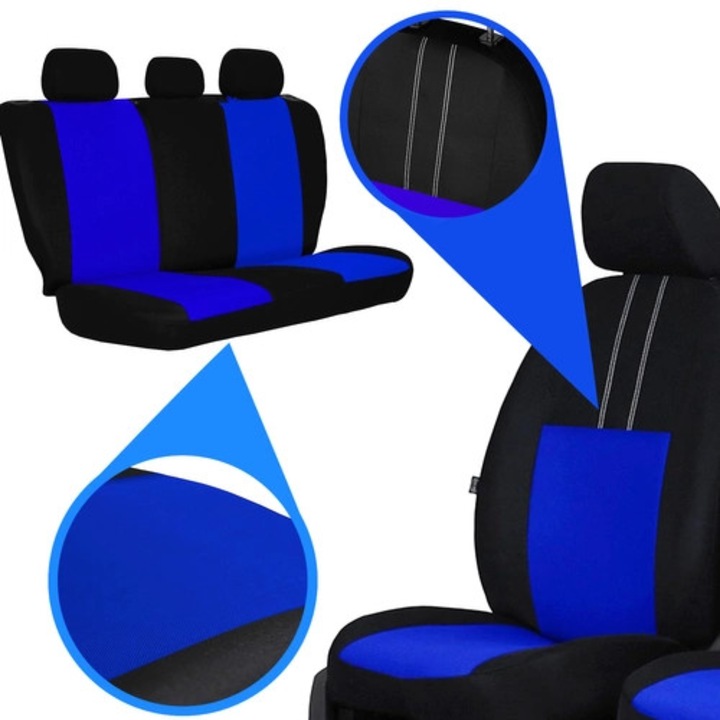 Set Huse Scaune Auto Pok-Ter Economic din Material Textil Frotir, 9 Piese Universale, Culoare Albastru, Compatibile Airbag