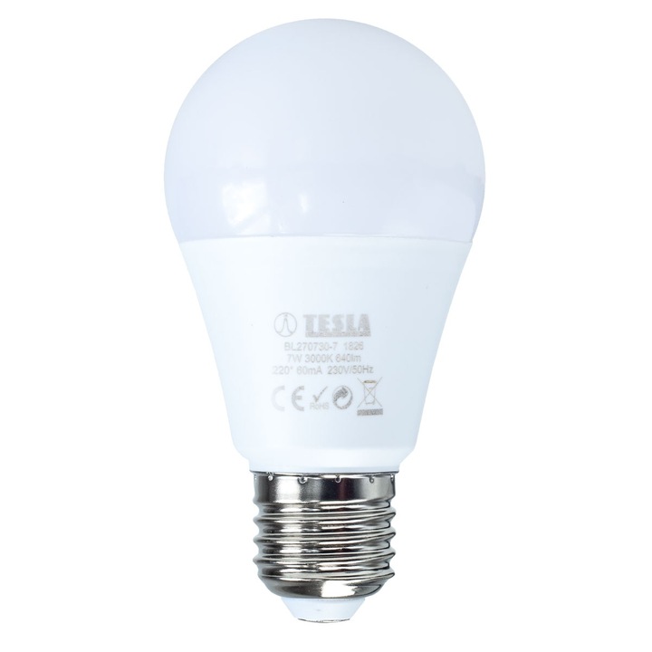 LED крушка, TESLA Lighting, 7W, E27, 230V, 640 lm, 25 000h, топла светлина 3000K, 220º, еквивалент на класическа крушка 50W