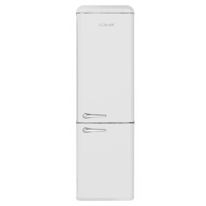 Frigider retro Bomann, KGR 7328.1, cu congelator, volum 250 litri, H 188,5 cm, lumina interioara LED, decongelare automata, consum redus, 2 compartimente, 4 rafturi, suport pentru sticle, alb