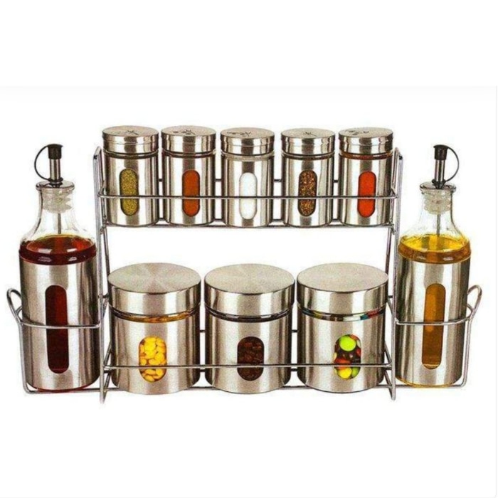 Set Economic , cu 2 Oliviere , 5 Recipiente de Condimente 3 Recipiente , Zahar , Ceai , Cafea , Sticla Inox , Suport inoxidabil ,250 ml , Silver