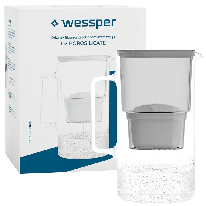 Кана за филтриране, Стъклена, Wessper AquaMax Crystalline 2.5L с филтър, сива