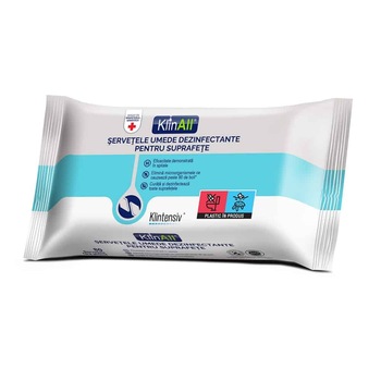Servetele umede dezinfectante pentru suprafete, fara alcool, cu actiune bactericida si virucida, KLINALL, 80 buc Servetele umede dezinfectante pentru suprafete, fara alcool, cu actiune bactericida si virucida, KLINALL, 80 buc