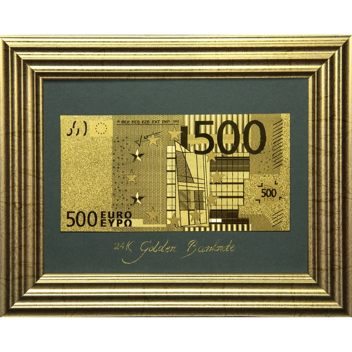 Златна банкнота 500 Евро на сив фон в рамка под стъклено покритие – Реплика
