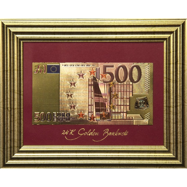 Златна банкнота 500 Евро (цветна) на бордо фон в рамка под стъклено покритие – Реплика