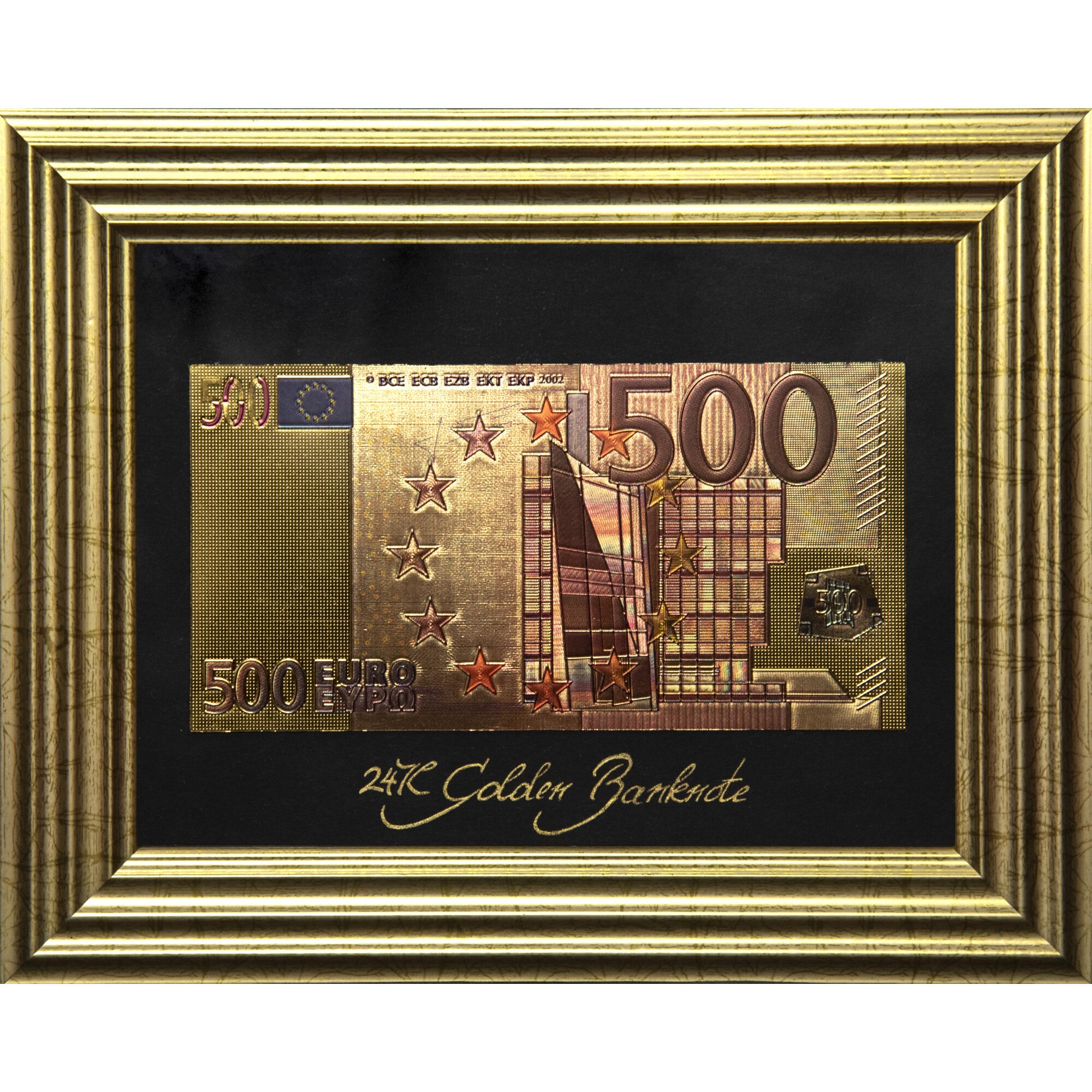 Златна банкнота 500 Евро (цветна) на черен фон в рамка под стъклено ...