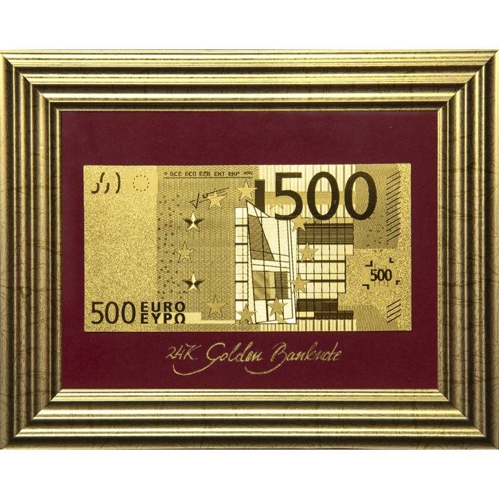 Златна банкнота 500 Евро на бордо фон в рамка под стъклено покритие – Реплика
