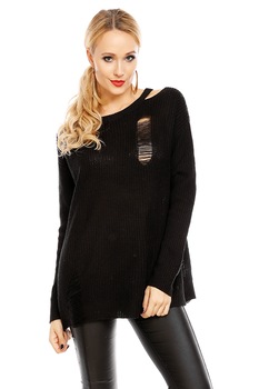 Pulover din tricot despicat la umar, Negru, S-M-L Pulover din tricot despicat la umar, Negru, S-M-L