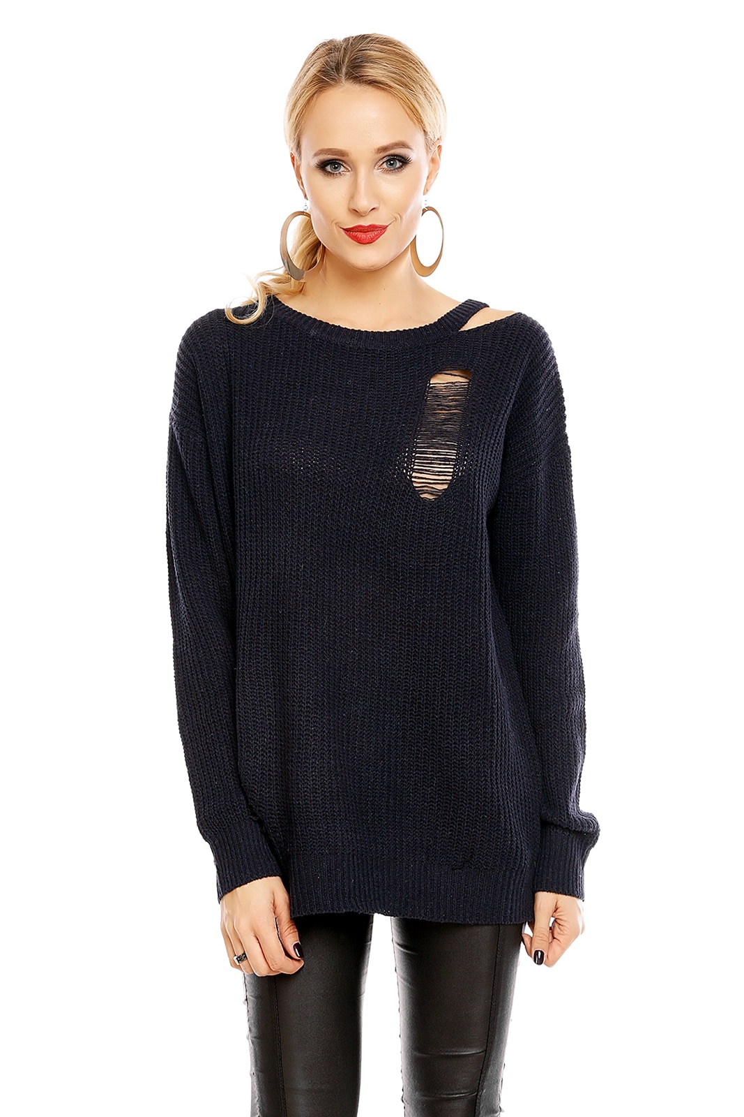 Pulover din tricot despicat la umar, Albastru, S-M-L