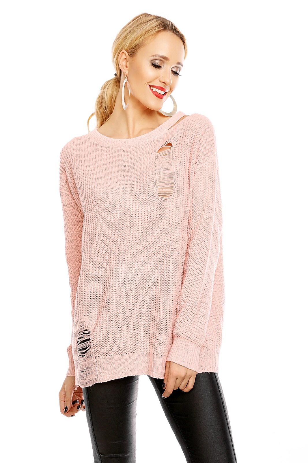 Pulover din tricot despicat la umar, Roz, S-M-L