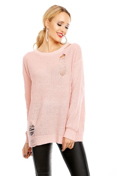 Pulover din tricot despicat la umar, Roz, S-M-L Pulover din tricot despicat la umar, Roz, S-M-L