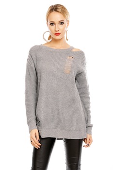 Pulover din tricot despicat la umar, Gri, S-M-L Pulover din tricot despicat la umar, Gri, S-M-L