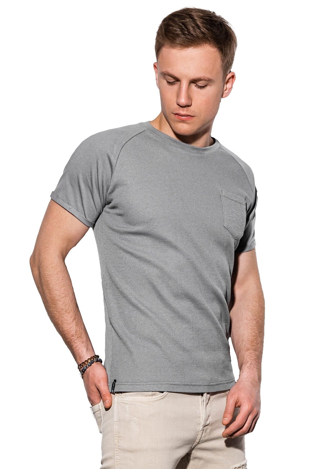Tricou pentru barbati cu maneca scurta si gat rotund, cu buzunar neted Sport Basic Fit, Ombre, Gri