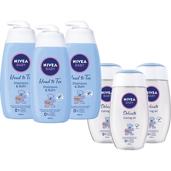 Pachet: 3 x Sampon si spuma de baie Nivea Baby cu pompita, 500ml + 3 x Ulei de corp Nivea Baby, 200ml Pachet: 3 x Sampon si spuma de baie Nivea Baby cu pompita, 500ml + 3 x Ulei de corp Nivea Baby, 200ml